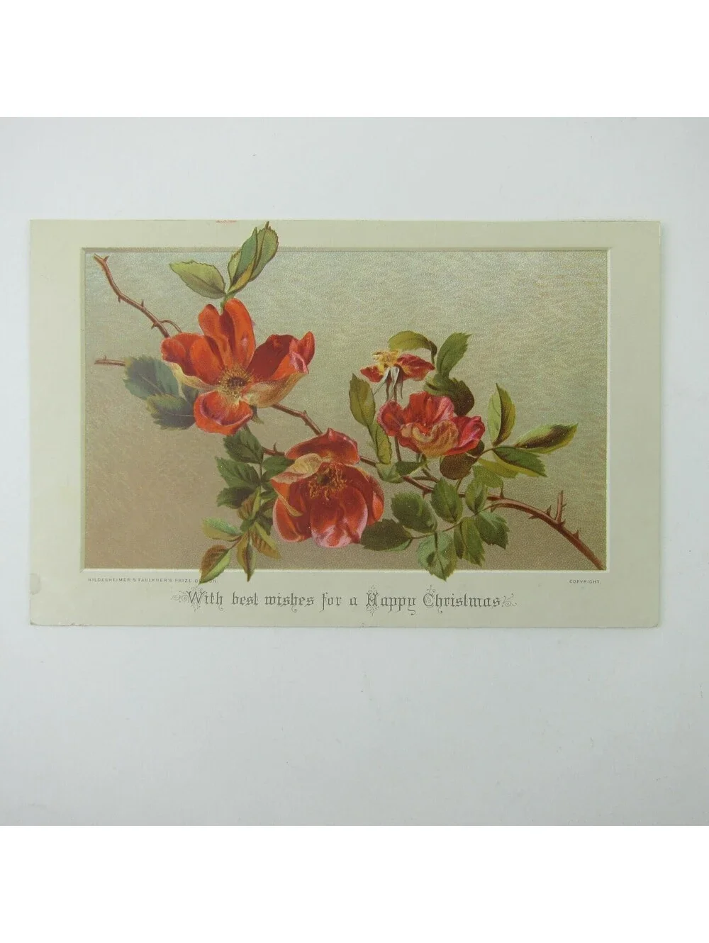 Victorian Christmas Card Red Orange Rose Flowers Hildesheimer & Faulkner Antique